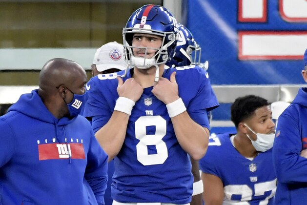 New York Giants quarterback Daniel Jones (8) looks on during the second half of an NFL football game against the Arizona Cardinals, Sunday, Dec. 13, 2020, in East Rutherford, N.J. (AP Photo/Bill Kostroun)