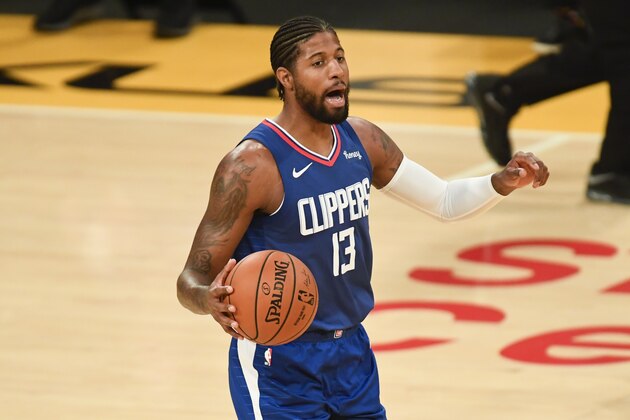 Los Angeles Clippers guard Paul George during the first half of an NBA preseason basketball game against the Los Angeles Lakers in Los Angeles, Friday, Dec. 11, 2020. (AP Photo/Kyusung Gong)