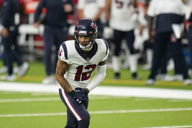Houston Texans wide receiver Kenny Stills (12) lines up for the snap during an NFL football game against the Baltimore Ravens, Sunday, Sept. 20, 2020, in Houston. (AP Photo/Matt Patterson)