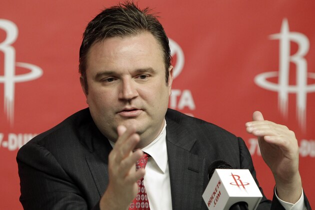FILE- In this April 19, 2011, file photo, Houston Rockets general manager Daryl Morey discusses the direction of the team with the media during a basketball news conference in Houston, after the decision to part ways with head coach Rick Adelman. (AP Photo/Pat Sullivan, File)