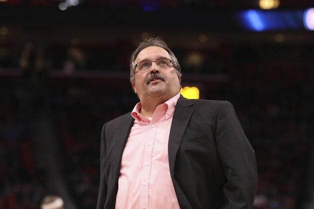 Detroit Pistons head coach Stan Van Gundy looks towards the scoreboard during the second half of an NBA basketball game against the Toronto Raptors, Monday, April 9, 2018, in Detroit. (AP Photo/Carlos Osorio)