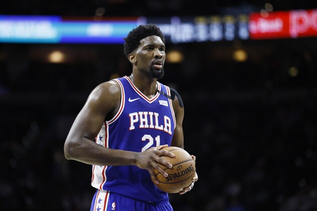 Philadelphia 76ers' Joel Embiid plays during an NBA basketball game against the Detroit Pistons, Wednesday, March 11, 2020, in Philadelphia. (AP Photo/Matt Slocum)