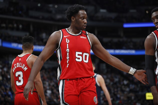 Portland Trail Blazers forward Caleb Swanigan (50) in the second half of an NBA basketball game Tuesday, Feb. 4, 2020, in Denver. The Nuggets won 127-99. (AP Photo/David Zalubowski)