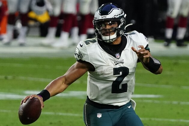Philadelphia Eagles quarterback Jalen Hurts (2) during the first half of an NFL football game against the Arizona Cardinals, Sunday, Dec. 20, 2020, in Glendale, Ariz. (AP Photo/Rick Scuteri)