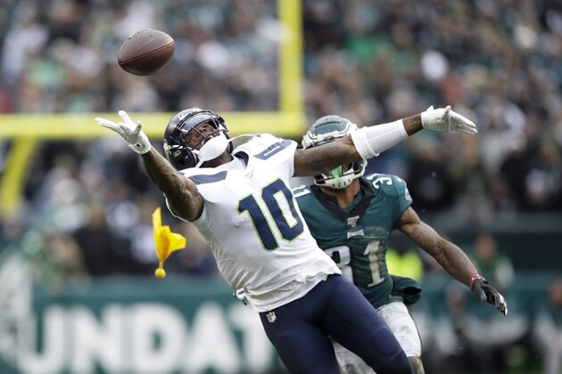 Seattle Seahawks' Josh Gordon cannot reach a pass against Philadelphia Eagles' Jalen Mills during the second half of an NFL football game, Sunday, Nov. 24, 2019, in Philadelphia. (AP Photo/Matt Rourke)