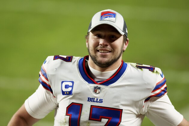 Buffalo Bills quarterback Josh Allen (17) smiles after defeating the Denver Broncos 48-19 in a NFL football game, Saturday, Dec.. 19, 2020, in Denver. (AP Photo/Justin Edmonds)