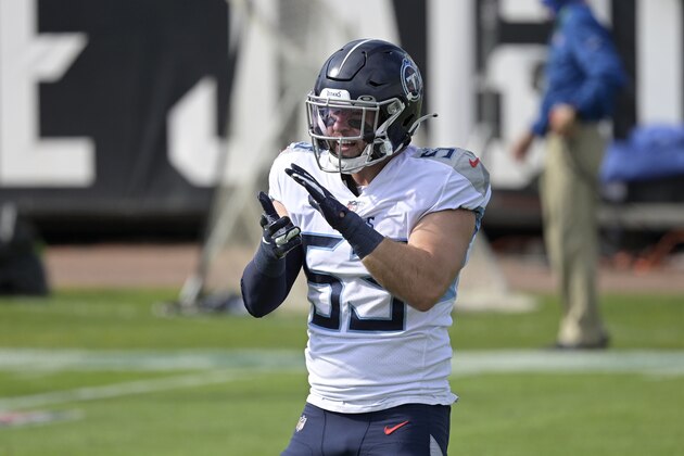 Tennessee Titans linebacker Will Compton (53) warms up before an NFL football game against the Jacksonville Jaguars, Sunday, Dec. 13, 2020, in Jacksonville, Fla. (AP Photo/Phelan M. Ebenhack)