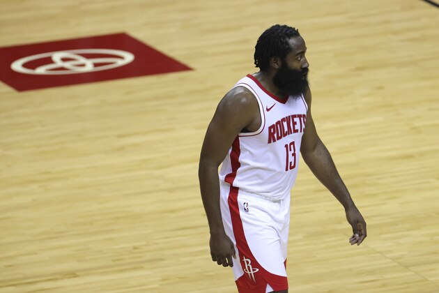 Houston Rockets' James Harden looks on during the second half of an NBA basketball game against tha San Antonio Spurs in Houston, Thursday, Dec. 17, 2020. (Carmen Mandato/Pool Photo via AP) Houston Rockets' James Harden looks on during the second half of an NBA basketball game against tha San Antonio Spurs in Houston, Thursday, Dec. 17, 2020. (Carmen Mandato/Pool Photo via AP)