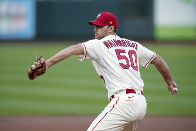 St. Louis Cardinals starting pitcher Adam Wainwright throws during the first inning of a baseball game against the Milwaukee Brewers Saturday, Sept. 26, 2020, in St. Louis. (AP Photo/Jeff Roberson)