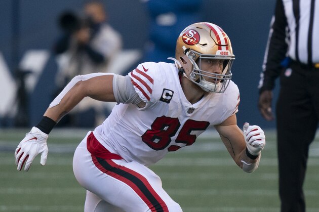 San Francisco 49ers tight end George Kittle is pictured during the first half of an NFL football game against the Seattle Seahawks2, Sunday, Nov. 1, 2020, in Seattle. The Seahawks won 37-27. (AP Photo/Stephen Brashear)