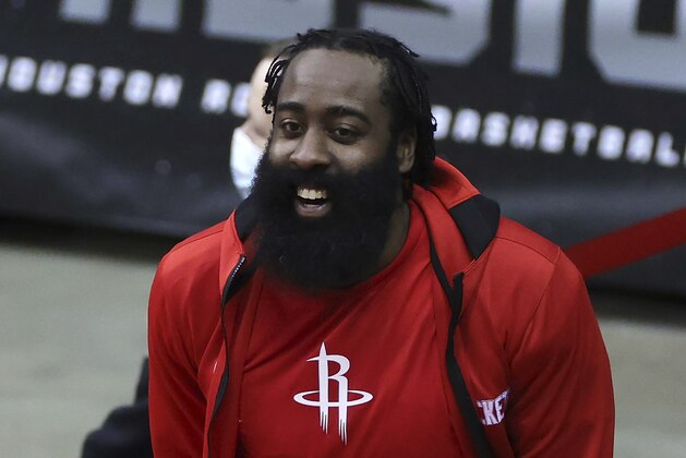 Houston Rockets' James Harden reacts during the fourth quarter of an NBA basketball game against the San Antonio Spurs in Houston, Thursday, Dec. 17, 2020. (Carmen Mandato/Pool Photo via AP)