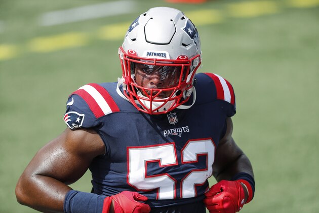 New England Patriots' Brandon Copeland before an NFL football game against the Las Vegas Raiders at Gillette Stadium, Sunday, Sept. 27, 2020 in Foxborough, Mass. (Winslow Townson/AP Images for Panini)