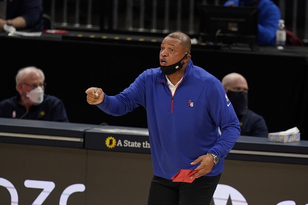 Philadelphia 76ers head coach Doc Rivers shouts during the first half of an NBA basketball game against the Indiana Pacers, Friday, Dec. 18, 2020, in Indianapolis. (AP Photo/Darron Cummings)