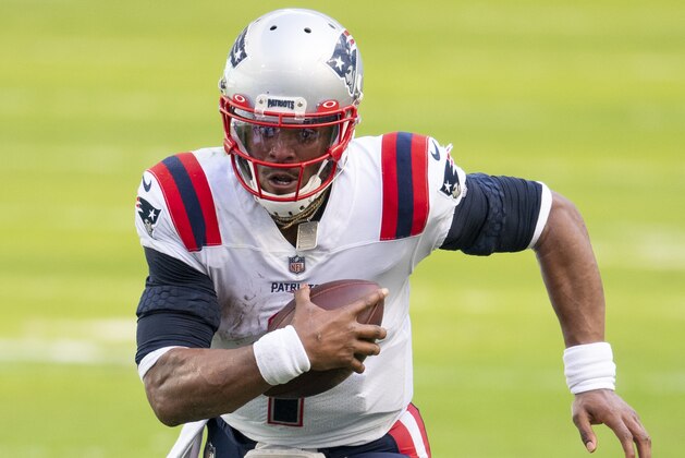 New England Patriots quarterback Cam Newton (1) runs with the ball against the Miami Dolphins during an NFL football game, Sunday, Dec. 20, 2020, in Miami Gardens, Fla. (AP Photo/Doug Murray)