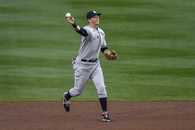 New York Yankees second baseman DJ LeMahieu fields a groundout by Toronto Blue Jays' Teoscar HernÃ¡ndez during the first inning of a baseball game in Buffalo, N.Y., Tuesday, Sept. 22, 2020. (AP Photo/Adrian Kraus)