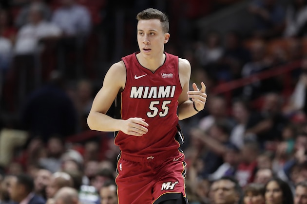Miami Heat forward Duncan Robinson (55) reacts after shooting as three-pointer during the first half of an NBA basketball game against the Cleveland Cavaliers, Wednesday, Nov. 20, 2019, in Miami. (AP Photo/Lynne Sladky) Miami Heat forward Duncan Robinson (55) reacts after shooting as three-pointer during the first half of an NBA basketball game against the Cleveland Cavaliers, Wednesday, Nov. 20, 2019, in Miami. (AP Photo/Lynne Sladky)