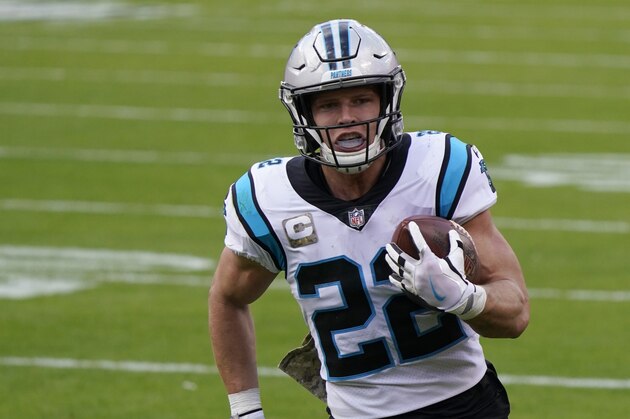 Carolina Panthers running back Christian McCaffrey runs with the ball during an NFL football game against the Kansas City Chiefs Sunday, Nov. 8, 2020, in Kansas City, Mo. (AP Photo/Jeff Roberson)
