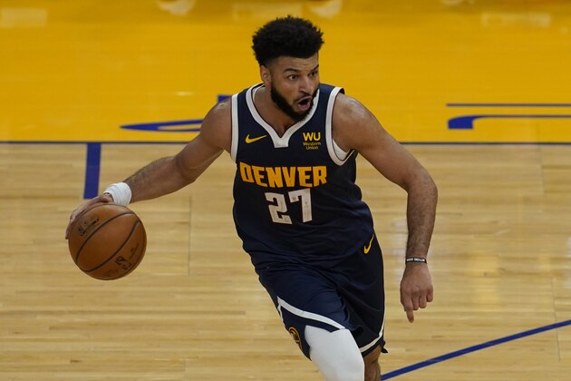 Denver Nuggets guard Jamal Murray (27) against the Golden State Warriors during a preseason NBA basketball game in San Francisco, Saturday, Dec. 12, 2020. (AP Photo/Jeff Chiu)
