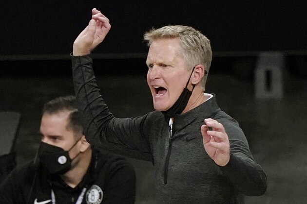 Golden State Warriors head coach Steve Kerr reacts to a call during the second half of an opening night NBA basketball game against the Brooklyn Nets, Tuesday, Dec. 22, 2020, in New York. (AP Photo/Kathy Willens) Golden State Warriors head coach Steve Kerr reacts to a call during the second half of an opening night NBA basketball game against the Brooklyn Nets, Tuesday, Dec. 22, 2020, in New York. (AP Photo/Kathy Willens)