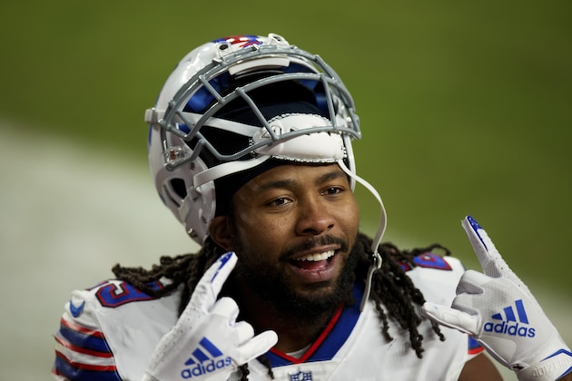 Buffalo Bills cornerback Josh Norman (29) celebrates as he walks off the field after defeating the Denver Broncos 48-19 in an NFL football game, Saturday, Dec.. 19, 2020, in Denver. (AP Photo/Justin Edmonds)