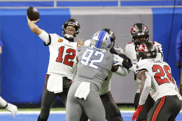 Tampa Bay Buccaneers quarterback Tom Brady (12) passes in the first half against the Detroit Lions during an NFL football game, Saturday, Dec. 26, 2020, in Detroit. (AP Photo/Rick Osentoski)