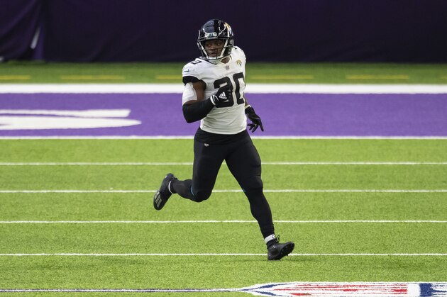 Jacksonville Jaguars running back James Robinson (30) in action in the fourth quarter during an NFL football game against the Minnesota Vikings, Sunday, Dec. 6, 2020, in Minneapolis. The Vikings defeated the Jaguars 27-24. (AP Photo/David Berding)