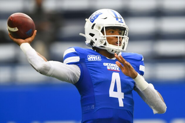 Georgia State quarterback Cornelious Brown IV plays against Louisiana Monroe during an NCAA football game on Saturday, Nov. 7, 2020 in Atlanta. (AP Photo/John Amis)