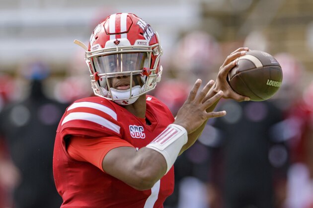 Louisiana-Lafayette quarterback Levi Lewis (1) during an NCAA football game against Arkansas State on Saturday, Nov. 7, 2020 in Lafayette, La. (AP Photo/Matthew Hinton)
