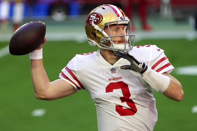 San Francisco 49ers quarterback C.J. Beathard (3) warms up prior to an NFL football game against the Arizona Cardinals, Saturday, Dec. 26, 2020, in Glendale, Ariz. (AP Photo/Rick Scuteri)