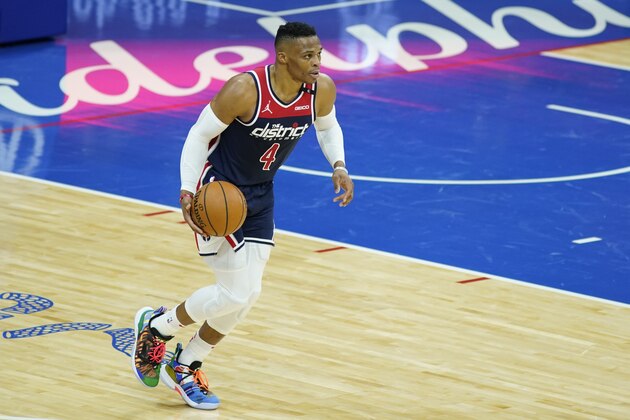 Washington Wizards' Russell Westbrook plays during an NBA basketball game against the Philadelphia 76ers, Wednesday, Dec. 23, 2020, in Philadelphia. (AP Photo/Matt Slocum)