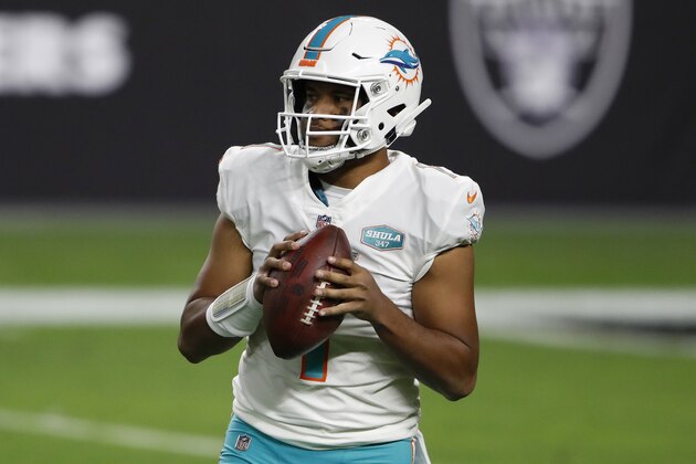 Miami Dolphins quarterback Tua Tagovailoa (1) looks to throw against the Las Vegas Raiders during the first half of an NFL football game, Saturday, Dec. 26, 2020, in Las Vegas. (AP Photo/Steve Marcus)