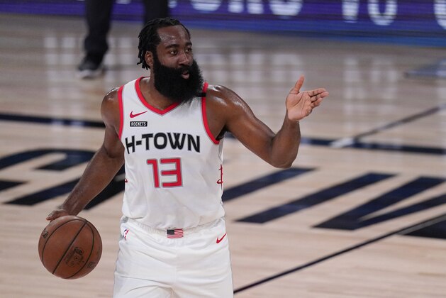 Houston Rockets' James Harden (13) drives up court during the first half of an NBA conference semifinal playoff basketball game against the Los Angeles Lakers Friday, Sept. 4, 2020, in Lake Buena Vista, Fla. (AP Photo/Mark J. Terrill) Houston Rockets' James Harden (13) drives up court during the first half of an NBA conference semifinal playoff basketball game against the Los Angeles Lakers Friday, Sept. 4, 2020, in Lake Buena Vista, Fla. (AP Photo/Mark J. Terrill)