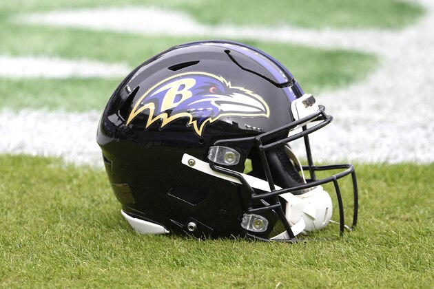 A Baltimore Ravens helmet is seen on the field prior to an NFL football game against the Tennessee Titans, Sunday, Nov. 22, 2020, in Baltimore. (AP Photo/Nick Wass)