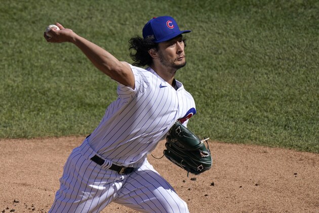 Chicago Cubs starting pitcher Yu Darvish throws during the first inning in Game 2 of a National League wild-card baseball series against the Miami Marlins Friday, Oct. 2, 2020, in Chicago. (AP Photo/Nam Y. Huh)