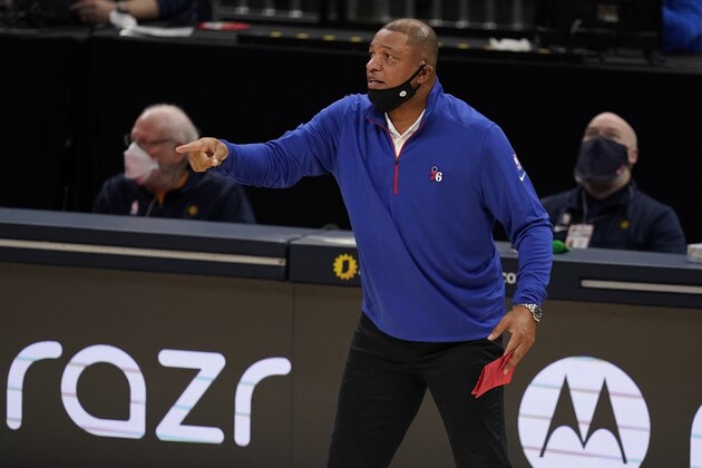 Philadelphia 76ers head coach Doc Rivers shouts during the first half of an NBA basketball game against the Indiana Pacers, Friday, Dec. 18, 2020, in Indianapolis. (AP Photo/Darron Cummings)