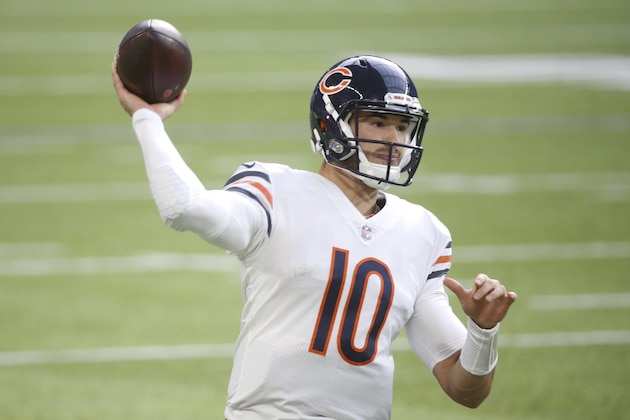 Chicago Bears quarterback Mitchell Trubisky throws a pass during the first half of an NFL football game against the Minnesota Vikings, Sunday, Dec. 20, 2020, in Minneapolis. (AP Photo/Bruce Kluckhohn)