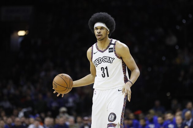 Brooklyn Nets' Jarrett Allen plays during an NBA basketball game against the Philadelphia 76ers, Wednesday, Jan. 15, 2020, in Philadelphia. (AP Photo/Matt Slocum)