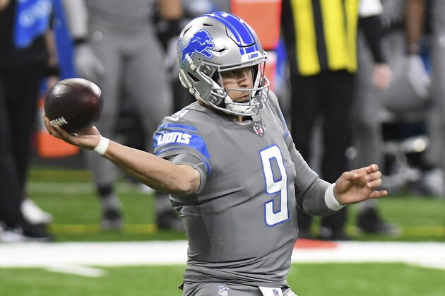 Detroit Lions quarterback Matthew Stafford passes during the first half of an NFL football game against the Tampa Bay Buccaneers, Saturday, Dec. 26, 2020, in Detroit. (AP Photo/Lon Horwedel)