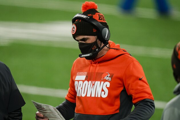 Cleveland Browns head coach Kevin Stefanski before an NFL football game against the New York Giants Sunday, Dec. 20, 2020, in East Rutherford, N.J. (AP Photo/Seth Wenig)