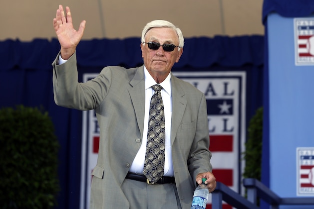 National Baseball Hall of Famer Phil Niekro arrives for an induction ceremony at the Clark Sports Center on Sunday, July 24, 2016, in Cooperstown, N.Y. (AP Photo/Mike Groll)