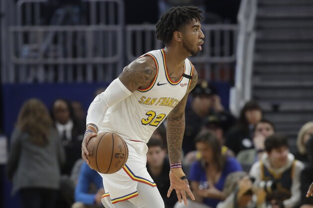 Golden State Warriors forward Marquese Chriss (32) against the Toronto Raptors during an NBA basketball game in San Francisco, Thursday, March 5, 2020. (AP Photo/Jeff Chiu)