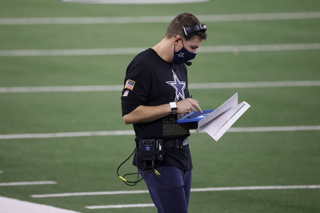 Dallas Cowboys offensive coordinator Kellen Moore stands on the sideline during the second half of an NFL football game against the Pittsburgh Steelers in Arlington, Texas, Sunday, Nov. 8, 2020. (AP Photo/Ron Jenkins)