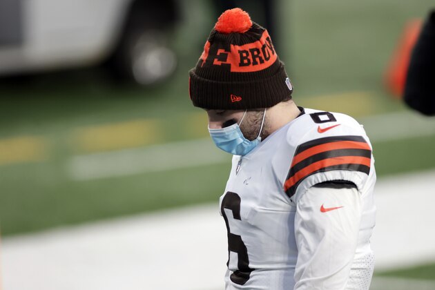 Cleveland Browns quarterback Baker Mayfield (6) reacts as he walks off the field after an NFL football game against the New York Jets, Sunday, Dec. 27, 2020, in East Rutherford, N.J. (AP Photo/Adam Hunger)