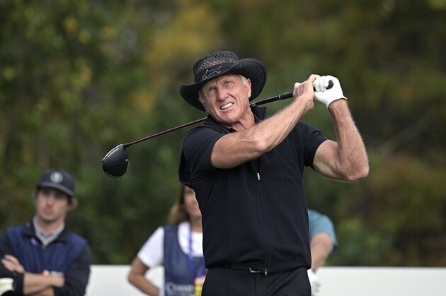 Greg Norman, of Australia, tees off on the first hole during the final round of the PNC Championship golf tournament, Sunday, Dec. 20, 2020, in Orlando, Fla. (AP Photo/Phelan M. Ebenhack)