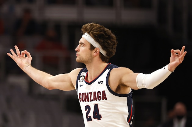 Gonzaga forward Corey Kispert (24) reacts after making a 3-point basket against Virginia during the first half of an NCAA college basketball game, Saturday, Dec. 26, 2020, in Fort Worth, Texas. (AP Photo/Ron Jenkins)