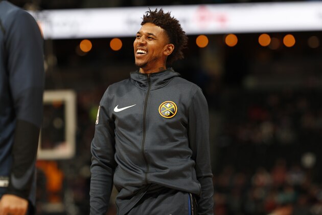 =Denver Nuggets guard Nick Young (34) in the first half of an NBA basketball gsm Friday, Dec. 28, 2018, in Denver. (AP Photo/David Zalubowski)