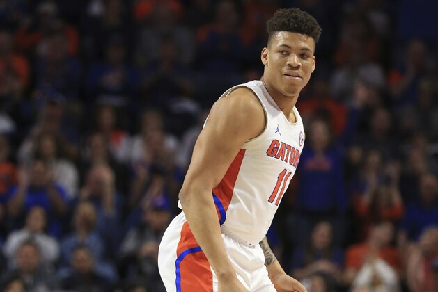 Florida forward Keyontae Johnson (11) reacts after making a shot against Baylor during the first half of an NCAA college basketball game Saturday, Jan. 25, 2020, in Gainesville, Fla. (AP Photo/Matt Stamey)