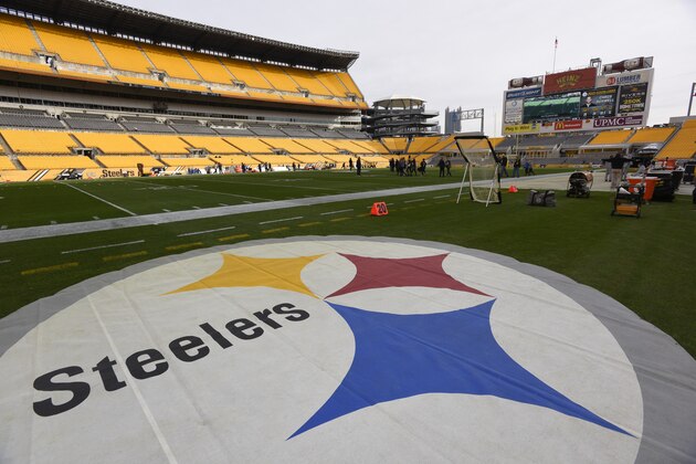 The Pittsburgh Steelers logo is on the field before an NFL football game between the Pittsburgh Steelers and the Denver Broncos in Pittsburgh, Sunday, Dec., 20, 2015. (AP Photo/Don Wright)