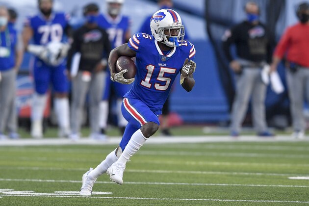 Buffalo wide receiver John Brown (15) runs with the ball against the Seattle Seahawks during the second half of an NFL football game, Sunday, Nov. 8, 2020, in Orchard Park, N.Y. (AP Photo/Adrian Kraus)