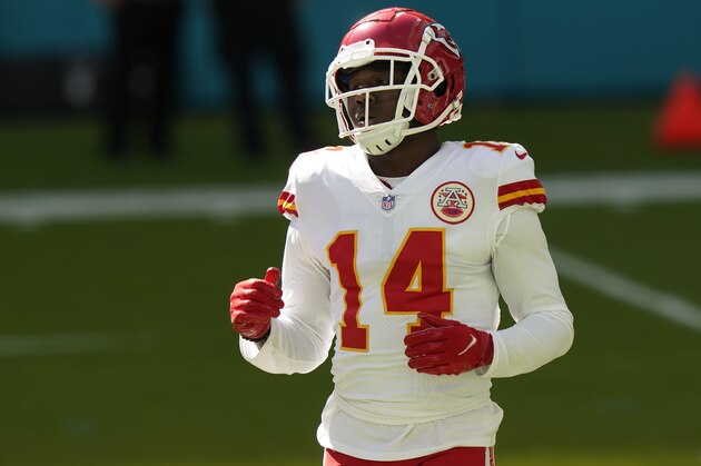 Kansas City Chiefs wide receiver Sammy Watkins (14) warms up before an NFL football game against the Miami Dolphins, Sunday, Dec. 13, 2020, in Miami Gardens, Fla. (AP Photo/Lynne Sladky)